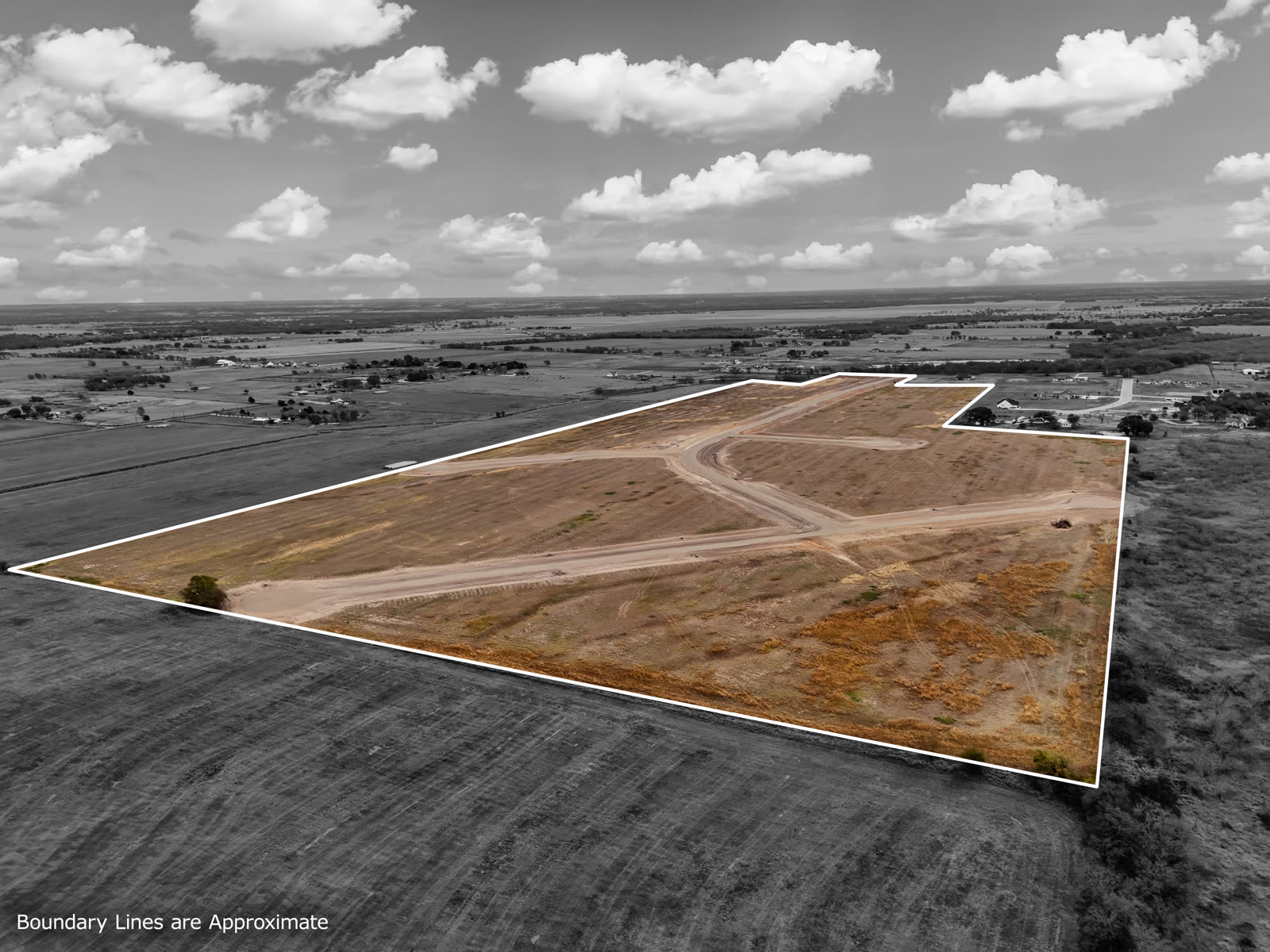 Aerial view of The Elms subdivision on Bode Road in Elm Mott, Texas, with the property outlined